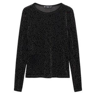 🆕 NWT Mango Black Long-Sleeve Tee with all over rhinestone detail size L
